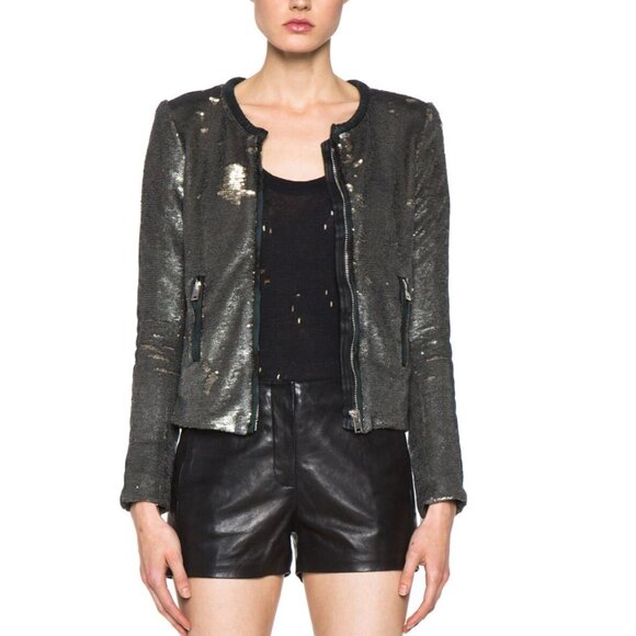 IRO Bush Distressed Leather Trim Sequin Blazer Jacket in Kaki Silver Size XS / S - Picture 1 of 5